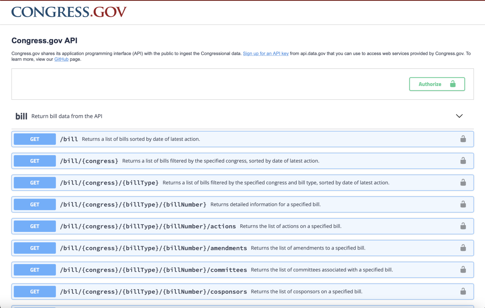 screenshot of congress.gov API